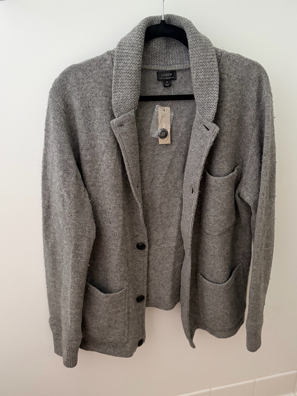 JCREW shawl collar cardigan lambs wool gray men’s medium NEW